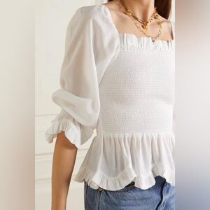 Evarae Lora Shirred White Puff Sleeve Smocked Ruffle Hem Blouse